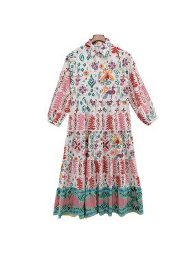 Sunday Up Maxi Dress Multicolor Button Front Long Sleeve Tiered Pleated Size S